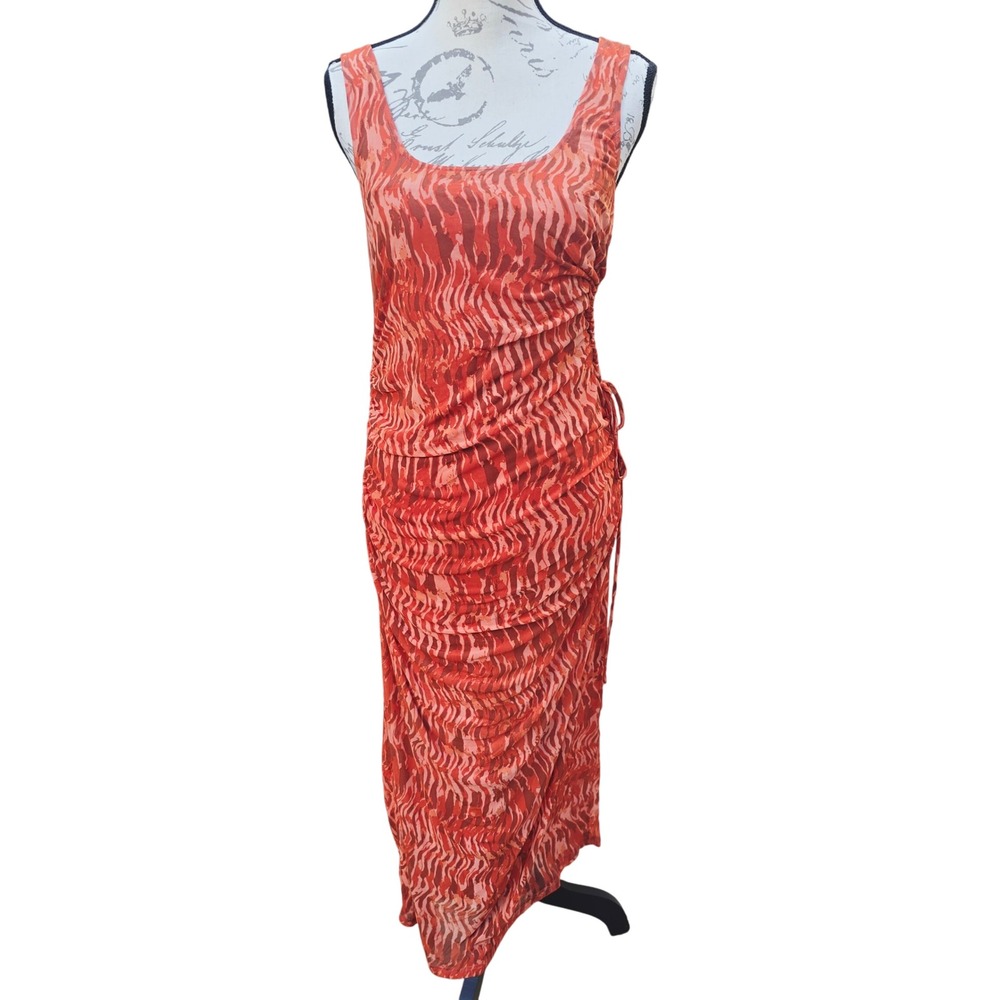House of Harlow 1960 23G Orange Print Ruched Mesh Side Cut-out Maxi Dress M
